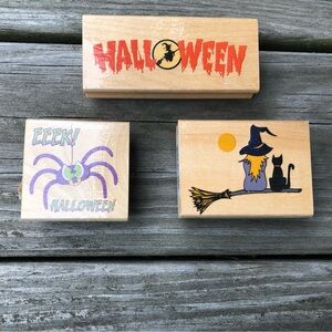 3 New HALLOWEEN RUBBER STAMPS / Wood / Witch Cat Broom Spider / Canadian Maple